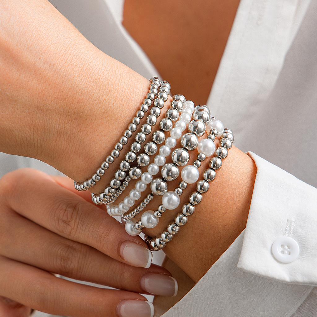 Boho Sweet Imitation Pearl Mixed Round Pearl Bracelet Women's Multi layer Elastic Thread Girls' Jewelry