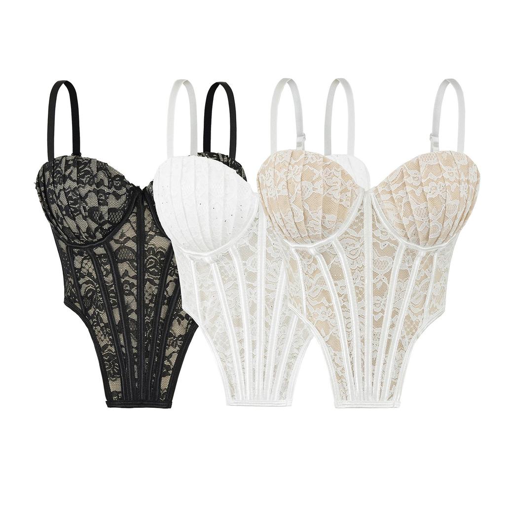 Elegant Lace Mesh Fishbone Spliced Sleeveless Camisole Crop Top for Women