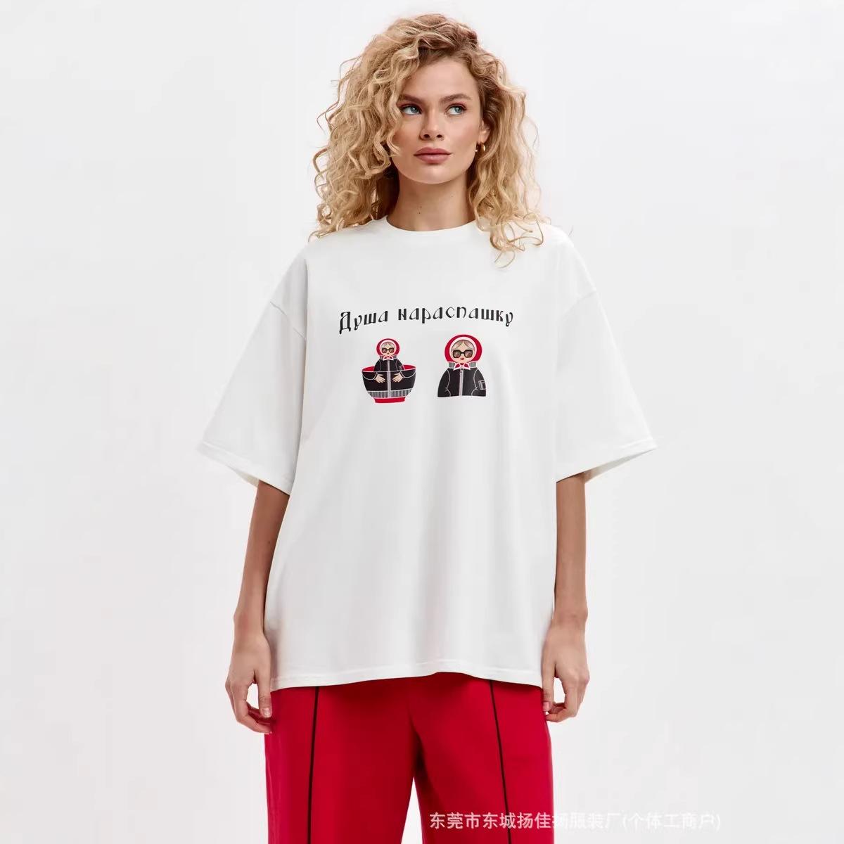 

Women s loose-fitting T-shirt with matryoshka doll pattern, fashionable, fun cartoon sweet girl summer T-shirt. XXS