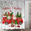 Gnome Elf & Santa Claus Truck Shower Curtain With Snowy Xmas Birds Tree Design, Festive Winter Bathroom Decor For Holiday