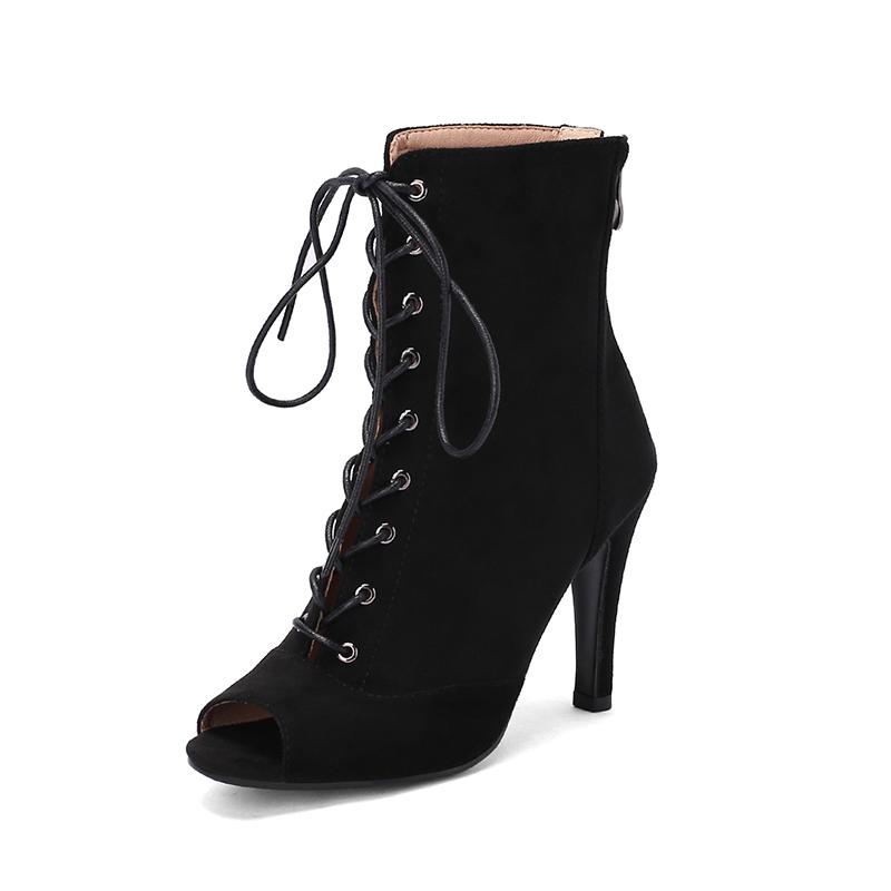 

Модные ботильоны для женщин Элегантные с открытым носком на шнуровке Осенние весенние туфли Лоферы Обувь для джазовых танцев Замша Фаху Черные Бежевые Женские ботинки 39 чёрный