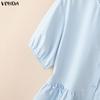 VONDA Summer Women Short Sleeve Lace Hem Casual Ruffled T-shirts Tops Blouse