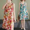 Echter Sommer neue Baumwolle und Leinen große Größe literarisch locker ärmellos Rundhals Druck Hosenträger A-Linien-Kleid Frauen