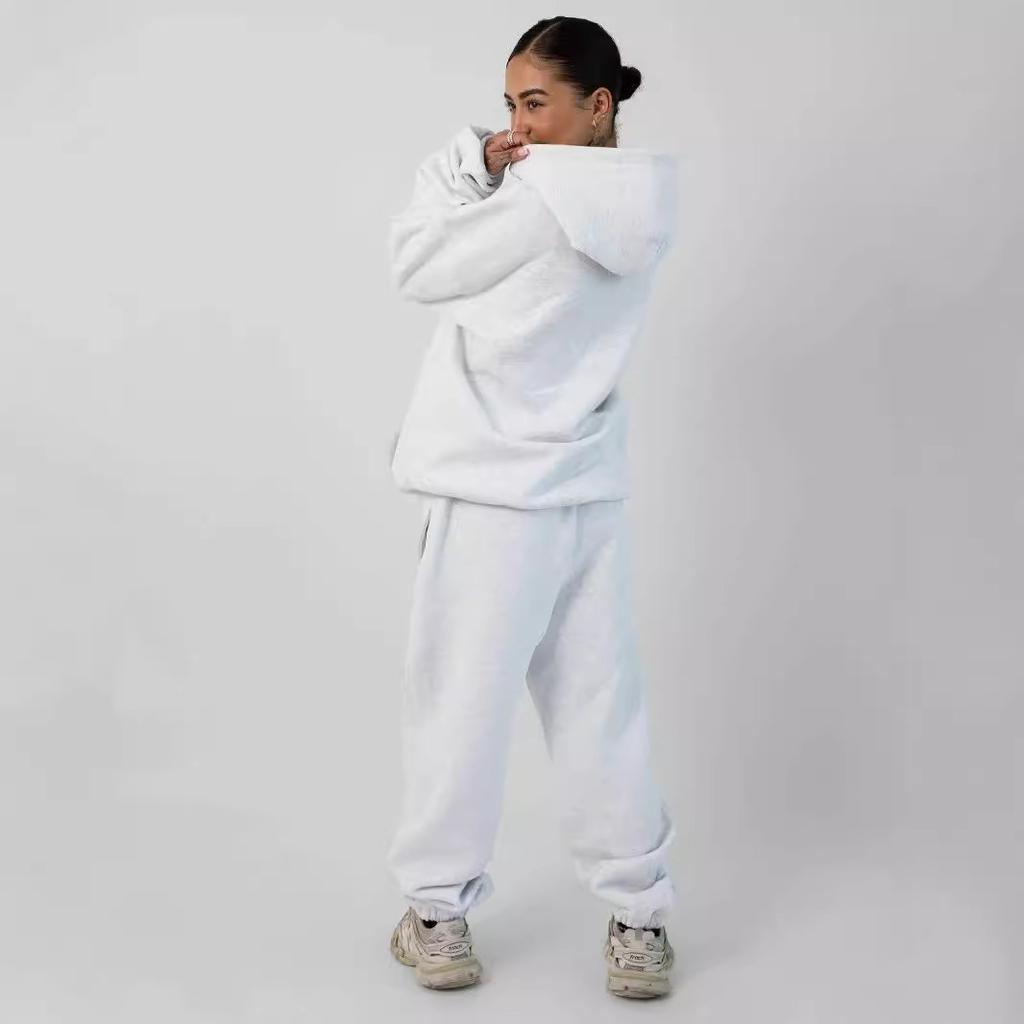 Popular Solid Color Embroidered Fleece Oversize Couple Hoodie Casual Loose Sweatpants Set