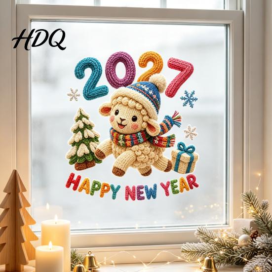 Knitted Wool Texture Decals Chinese New Year Window Stickers 2027 Goat Static Clings Reusable Festive Glass Clings Crochet Knit Lamb Decals