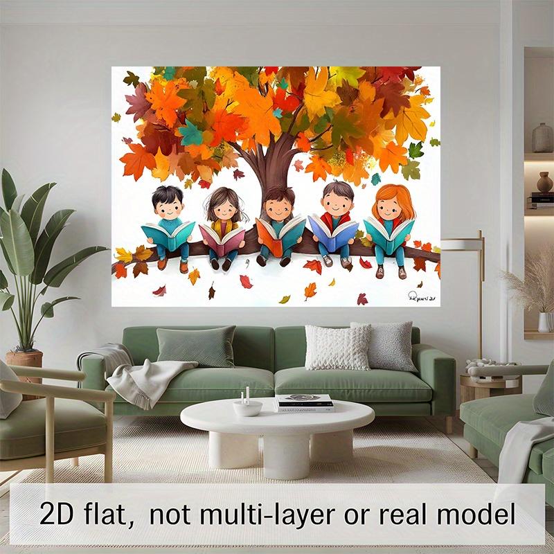 A background for an autumn reading tree party featuring vivid autumn leaves and diverse characters.PMJ