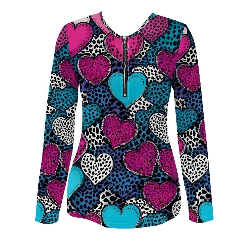 Leopard Print Heart Valentine's Day Pattern Zipper T-shirt Casual Long-sleeved Top Suitable for Spring and Autumn Suitable for Home and Outdoor Wear