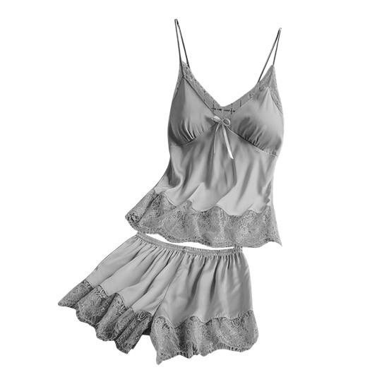 Women's Satin Pajamas Set Lace Cami Top And Shorts Two Piece Sleepwear with Built-in Bra Sexy Camisole Lounge Set