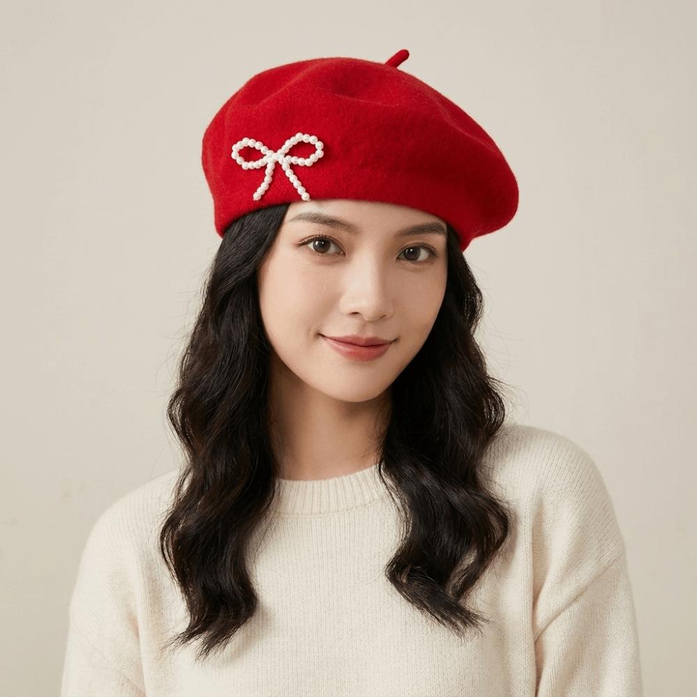 Knitted Wool Beret Solid Color Beanie Cap Streetwear Bow Beret Daily Outfit