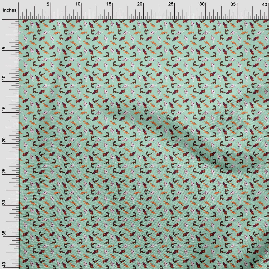 oneOone Baumwoll-Flex Hellmintgrün Stoff Bunter Dinosaurier Cartoon Kleidmaterial Stoffdruckstoff Meterware 40 Zoll