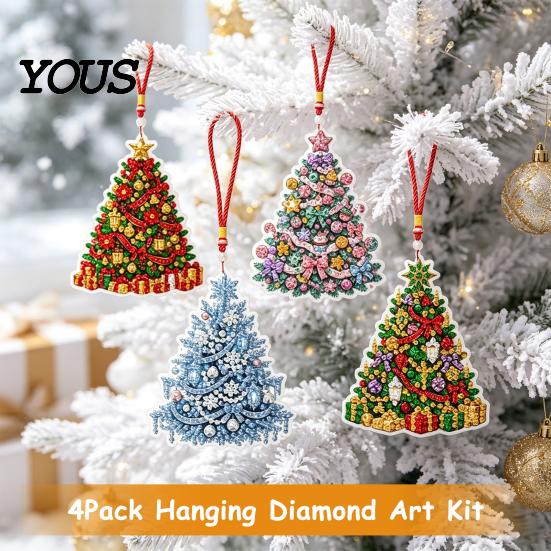 Faux Diamond Painting Craft Set 4Pcs Hanging Art Kit for Christmas Tree, DIY Mini Diamonds Kits Ornament Kit, Acrylic Window Pendant Adults Beginners
