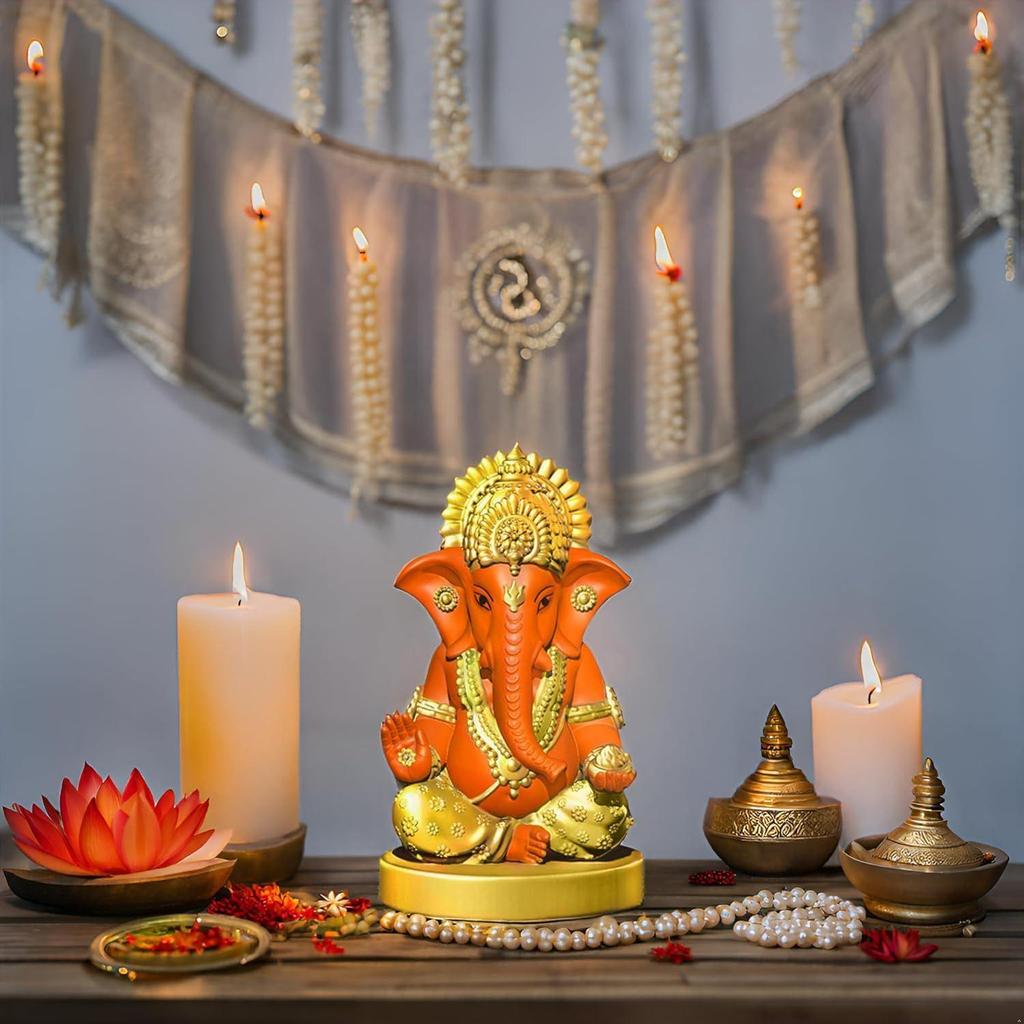 Handcrafted Orange Ganesha Idol for Car Dashboard Item: Ganesh Ji, Ganpati Bappa Murti for Home Decor - Exquisite Car God Idols
