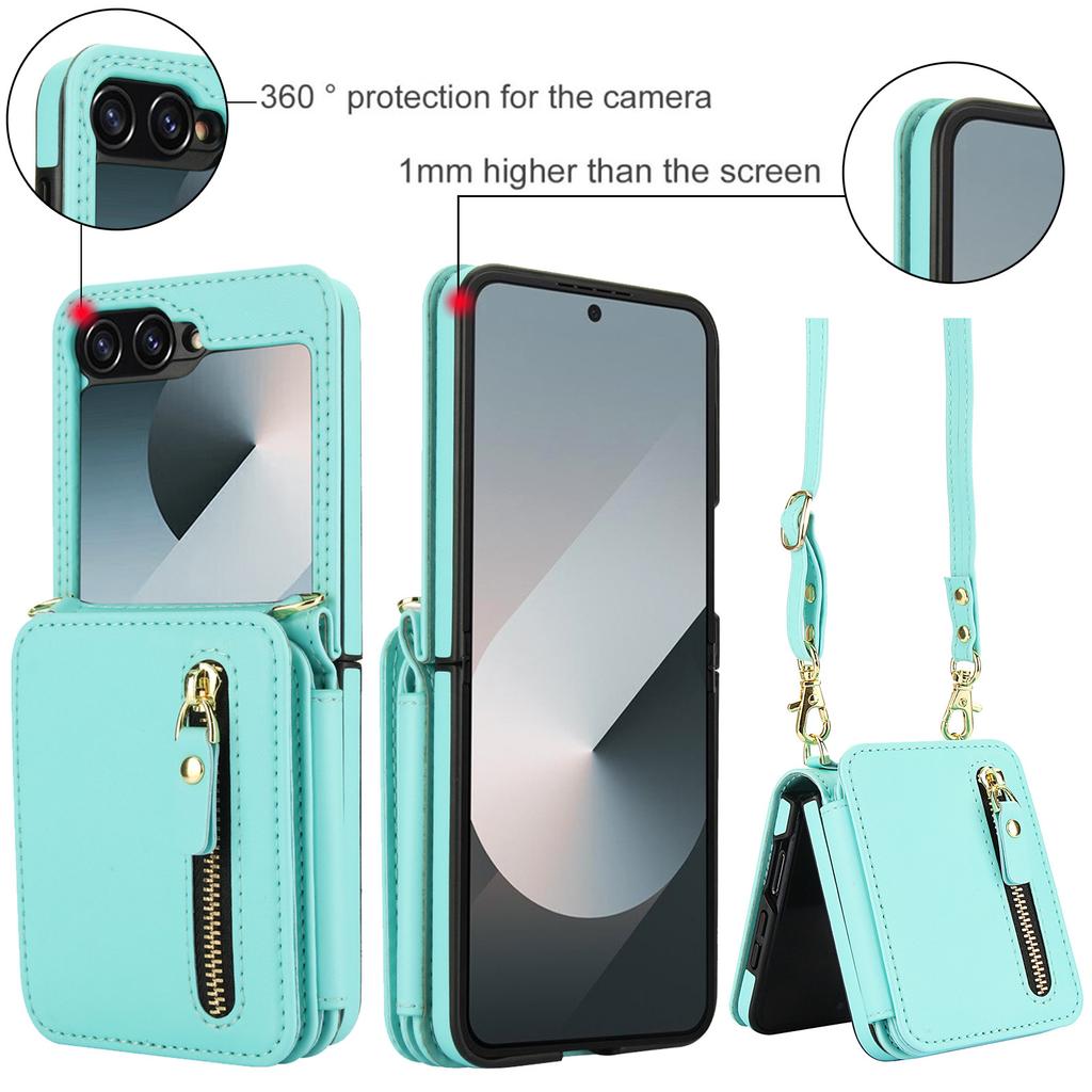Applicable To Samsung Z Flip6 Mobile Phone Leather Case Z Flip5 Solid Color Card Zipper Change Bag Diagonal Strap Card Bag