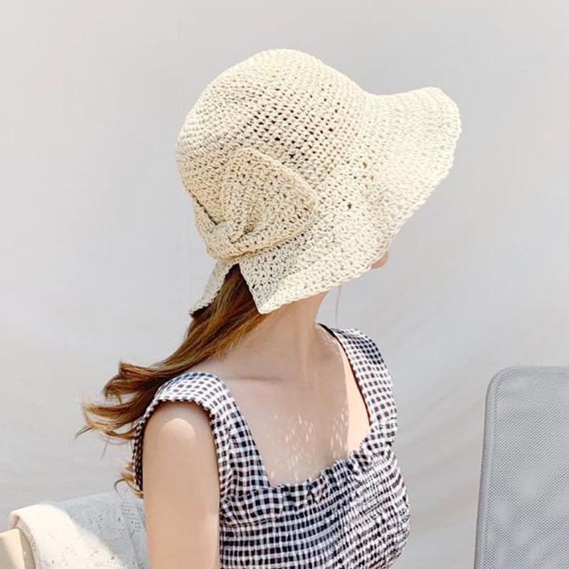 Women's Foldable Japanese Straw Sun Hat with Bow - Casual Summer Bucket/Fisherman Style for Travel & Sun Protection