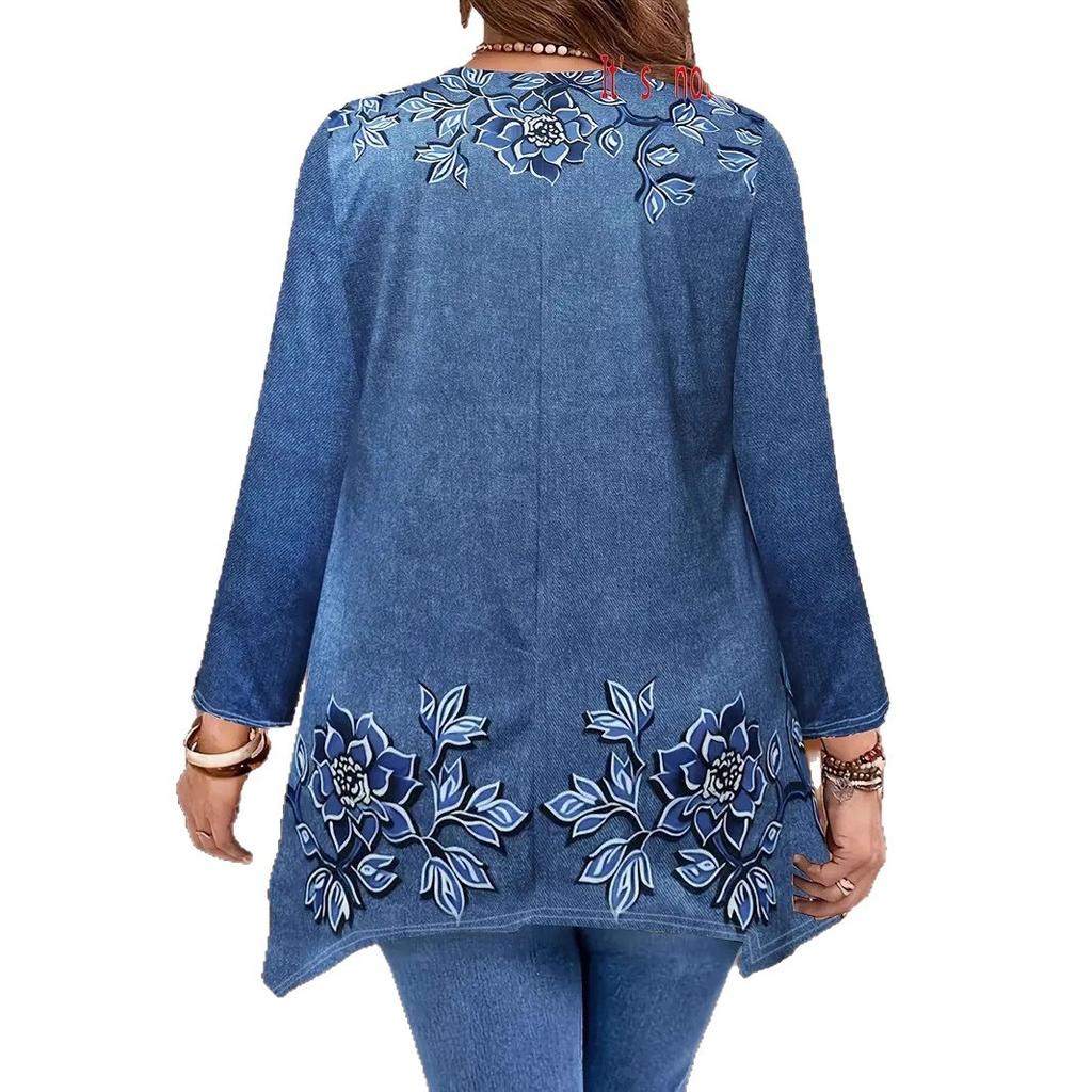 Women's Plus Size Dress Autumn Imitation Denim Print Long Sleeved Irregular Hem Long Sleeved T-shirt