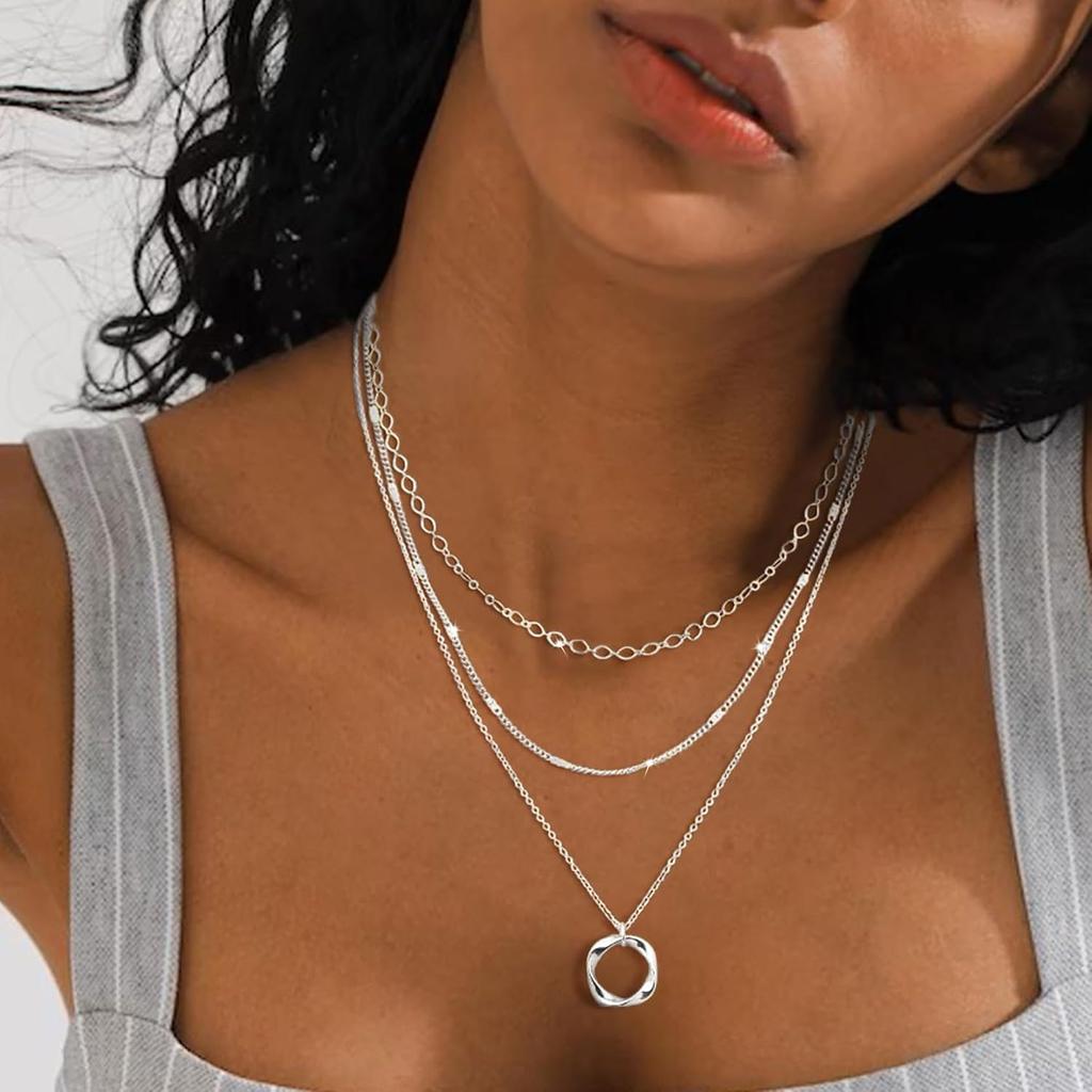 Women's layered necklace, can be worn stacked with short necklaces, trendy layered round pendant chain necklace set, women's jewelry