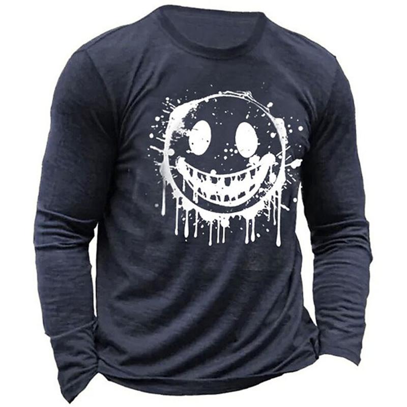 Men's Casual Autumn Breathable Long Sleeve Crewneck Printed Evil Smiley Face Pattern Clothing Y2K Top Men's Long Sleeve