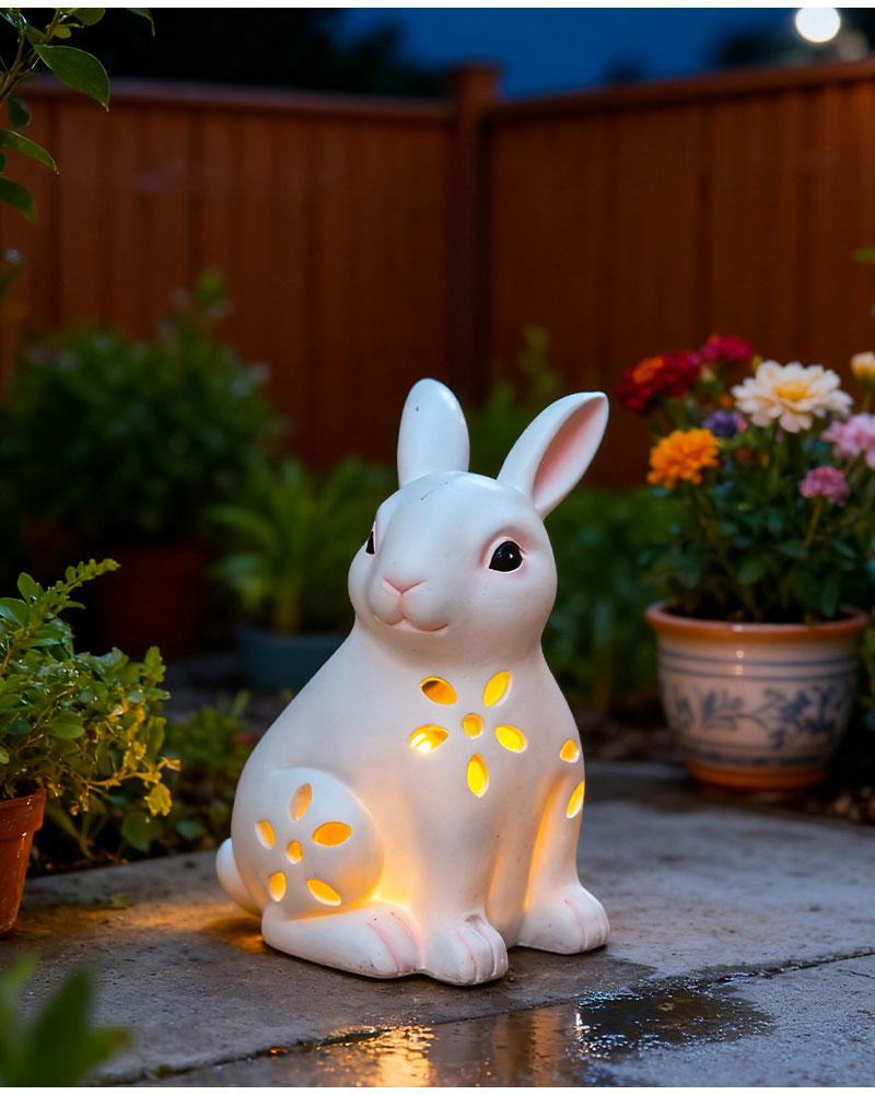 Easter Solar Lighted Bunny with Hollow Details for Lawn Garden Decoration Weather Resistant Resin Rabbit Ornament White