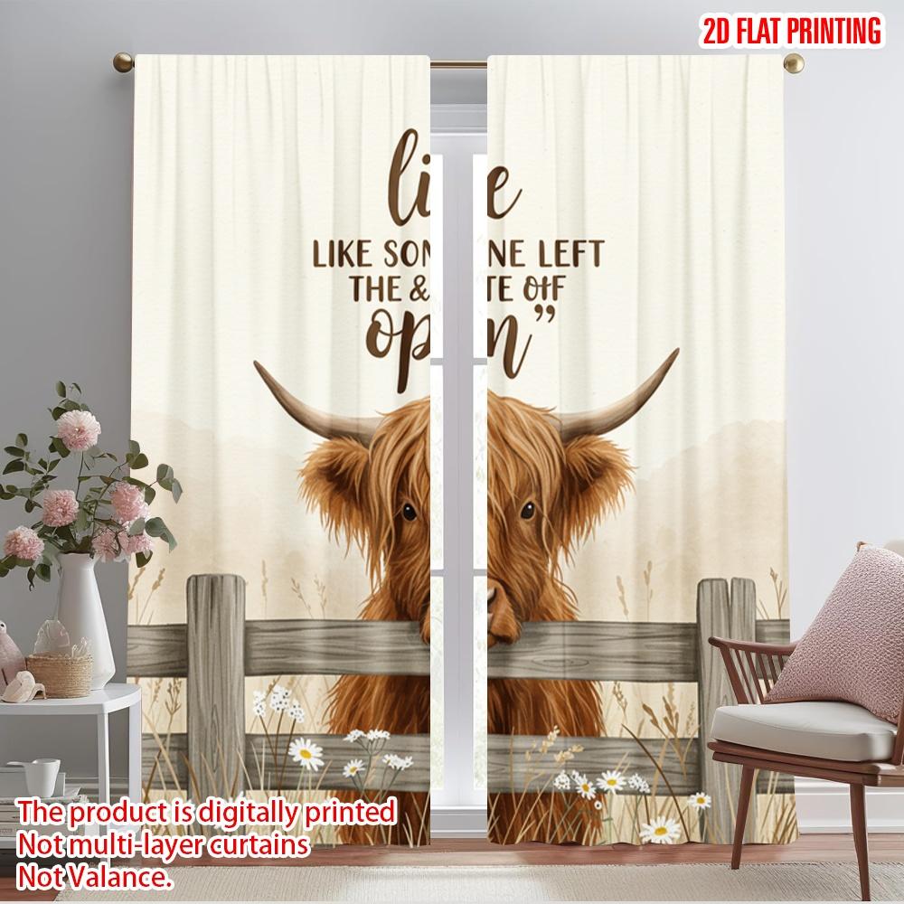 

2pcs 2D flat printing Window Treatment Curtains Highland Cow Gate Open Polyester Fabric Without Electricity Festive Holiday Use 52.50×116.00 CM 2pcs