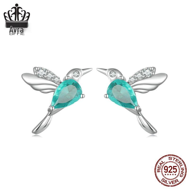 Avle S925 Sterling Silver Light Green Teardrop Hummingbird Earrings