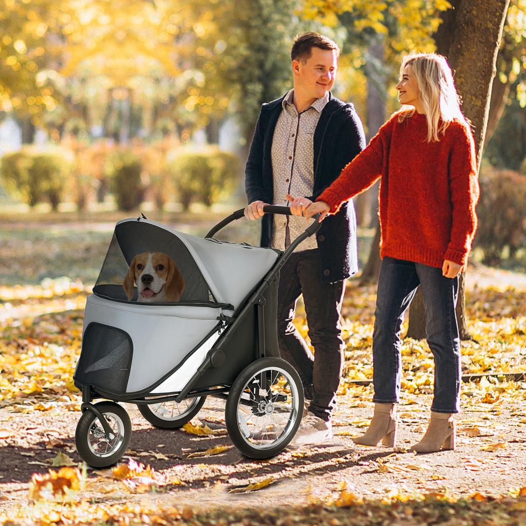 3-Wheel Dog Stroller with Easy Folding, Storage Bag, Soft Cushion, Safety Leash, Grey