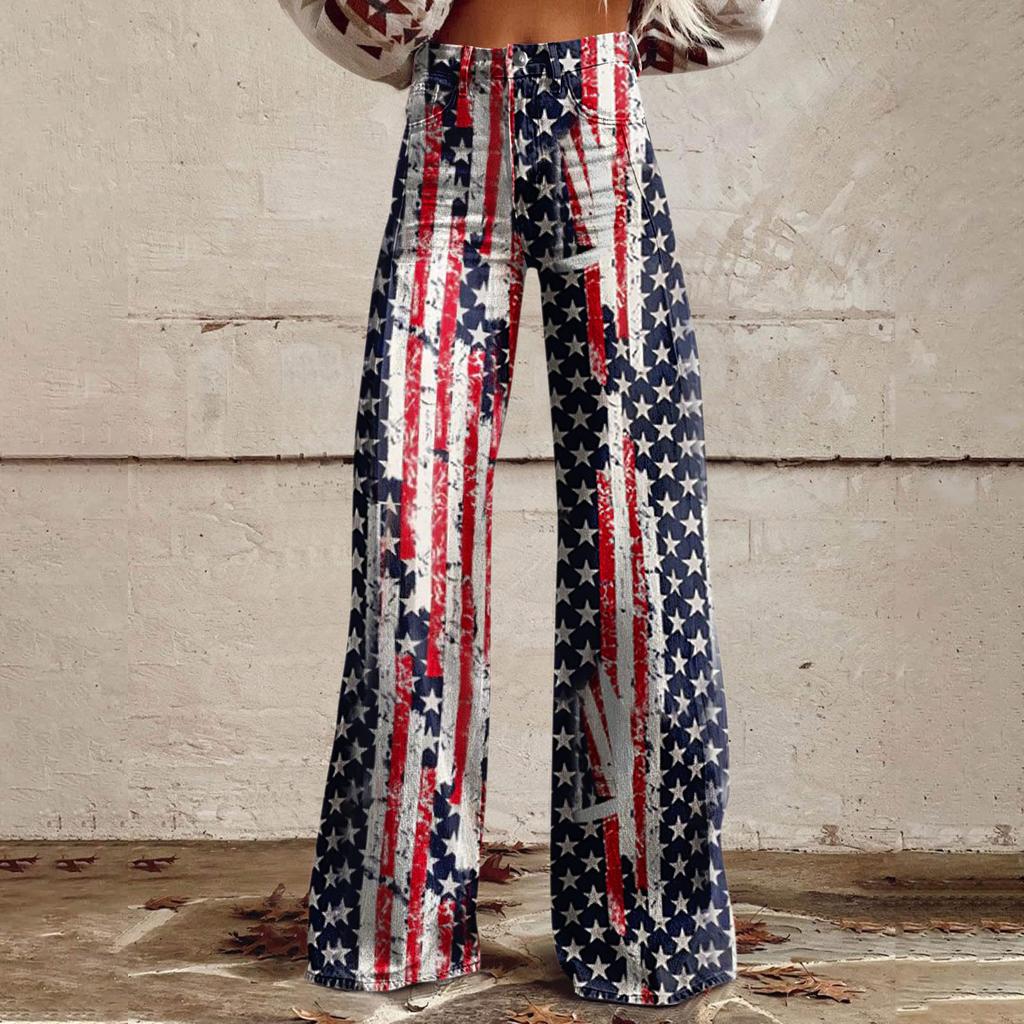 Wide Leg Flare Jeans For Women With Pockets Baggy Pants Vintage Floral Print High Waisted Loose Pant