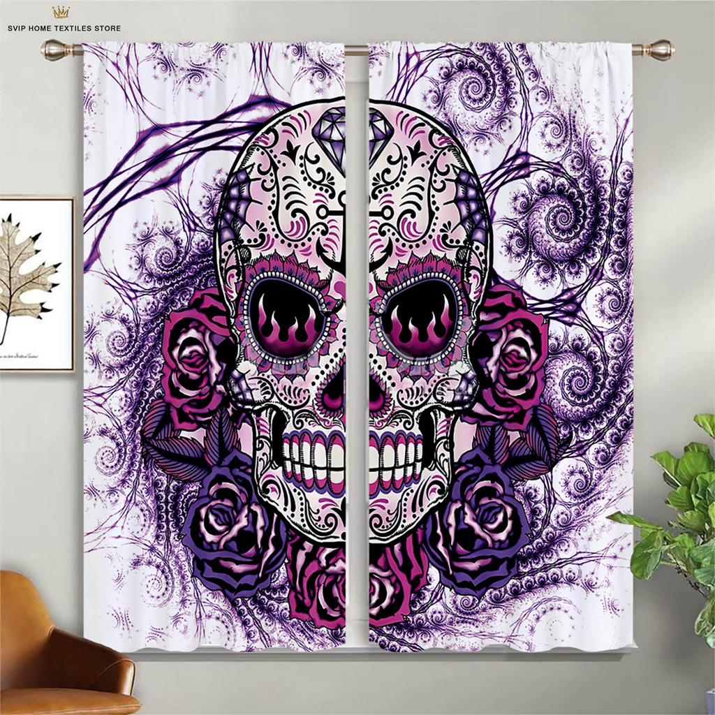 Colorful Pattern Floral Pattern Skull Style 3D Pattern Printing Window Curtains, Halloween Theme, Festival, Gathering Decorative Piece, Ideal For
