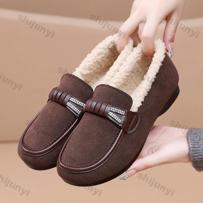 Winter Slip On Thick Plush Flats Shoes for Women Comfort Warm Casual Flat Non-slip Cotton Shoes Woman Solid Color Soft Sole Shoe