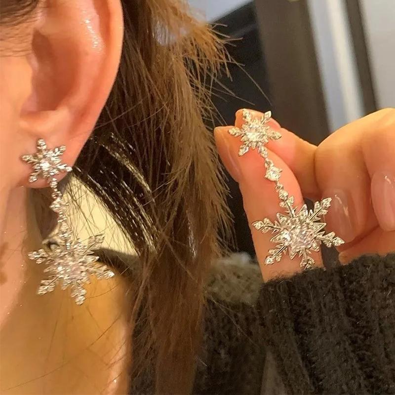 Sparking Double Snowflake Earrings for Women Shiny Crystal Imitation Pearl Exquisite Earring Christmas New Year Party Jewelry