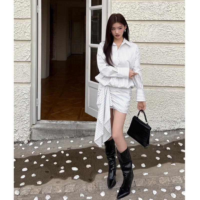 2026 Spring/Summer Women's Striped Shirt Dress – Casual Fashionable Bodycon Design