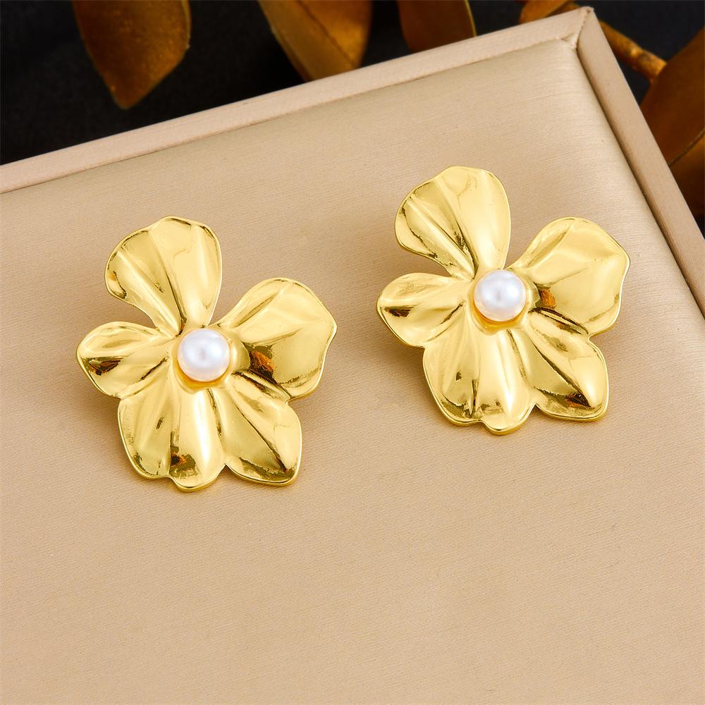 DIEYURO 316L Stainless Steel Golden Exaggerated Large Flowers Inlaid Pearl Necklace Earrings Set For Women Fashion Jewelry Gift