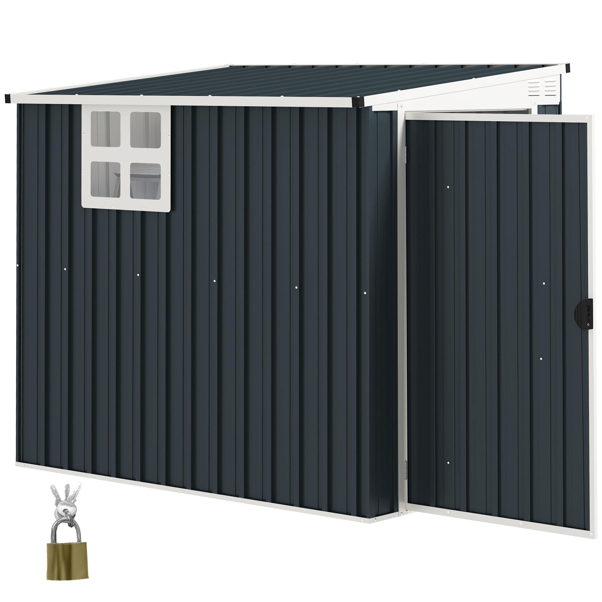 4 X 6 pieds Abri de jardin en métal à adosser Abri de rangement extérieur avec fenêtre 2 aérations et porte verrouillable pour terrasse Gris foncé