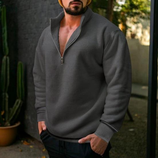 Suéter masculino de lã com meio zíper, cor sólida, à prova de vento, outono inverno, manga comprida, moletom com lapela
