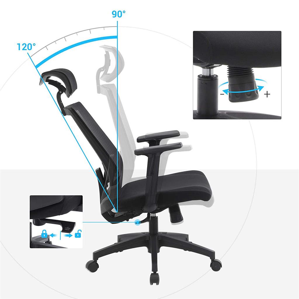 SONGMICS Office Chair, Desk Mesh Chair, Ergonomic Computer Chair, 360 Degrees Swivel Chair, Adjustable Lumbar Support, Headrest, and Armrests