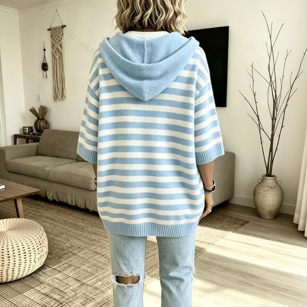 Felpa a righe in maglia da donna con maniche a 3/4, top casual a pullover