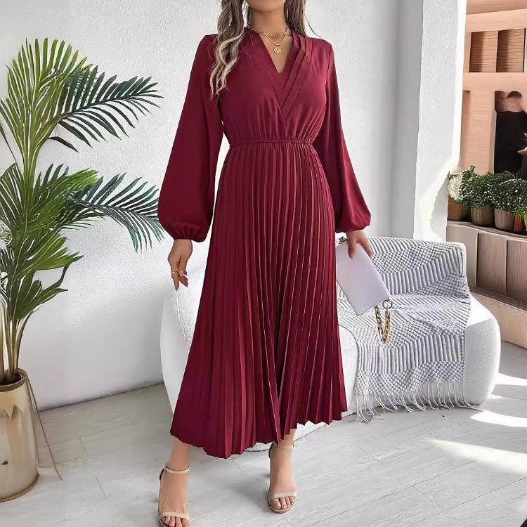 A Line Long Dress Women High Waist Pleated Solid Color V Neck Long Sleeve Spring Summer Fashion