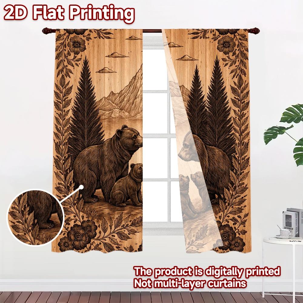 2D FLAT PRINTING 2pcs Curtains (Without Rod) Bear Family in Forest(1) Popular Creative Curtains Versatile Polyester Curtains