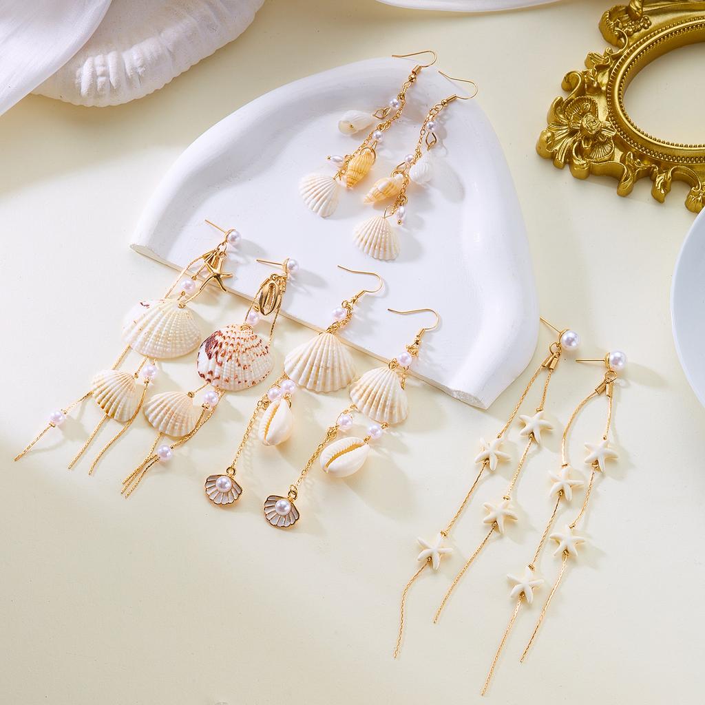 Bohemia Shell Starfish Pendant Earrings for Women Exquisite Imitation Pearl Conch Long Tassel Dangle Earring Beach Party Jewelry