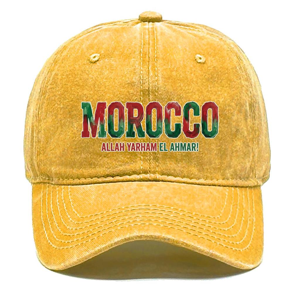 Baseball Cap With "MOROCCO" "ALLAH YARHAM EL AHMAR" Flag Printed , Adjustable Sun Hat Headwear Unisex Trendy Casual Dad Hat