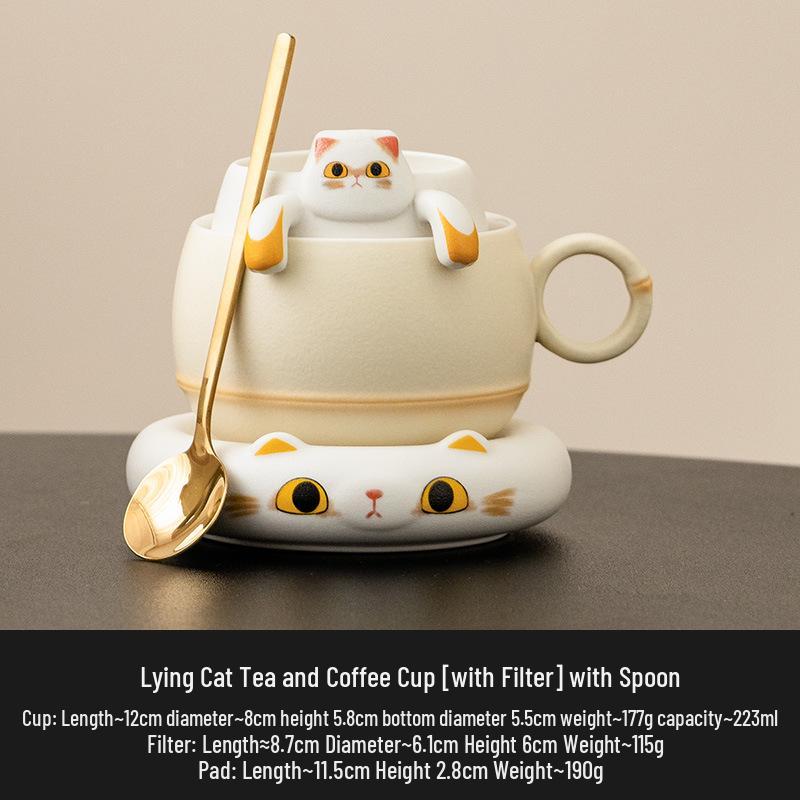 Cat-Themed Ceramic Coffee Mug & Saucer Set for Women