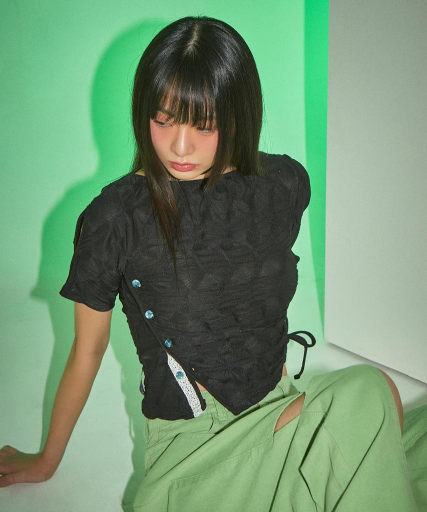 Pabeleupinggeo Laced Wrinkle String T-Shirt (Black)