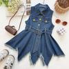Girls' Trendy Denim Vest Dress: Summer 2026 Waist-Cinched Irregular Frayed Hem Sleeveless Style