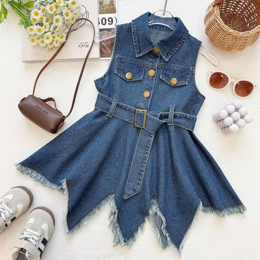 Girls' Trendy Denim Vest Dress: Summer 2026 Waist-Cinched Irregular Frayed Hem Sleeveless Style