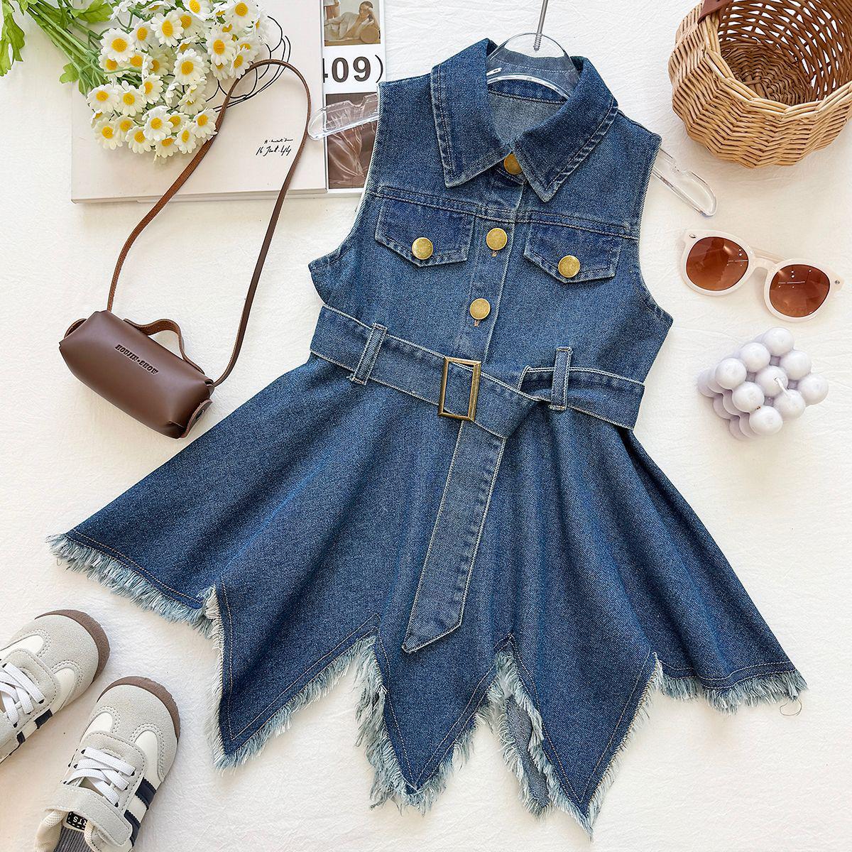 Girls Trendy Denim Vest Dress: Summer 2026 Waist-Cinched Irregular Frayed Hem Sleeveless Style 130 cm