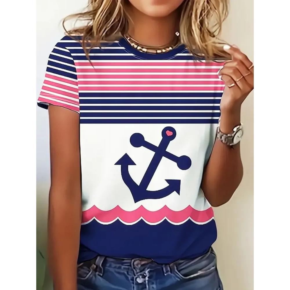 Bequemes gestreiftes bedrucktes Oberteil Mode Vielseitige Damen Kurzarm Freizeit locker T-Shirts Damen