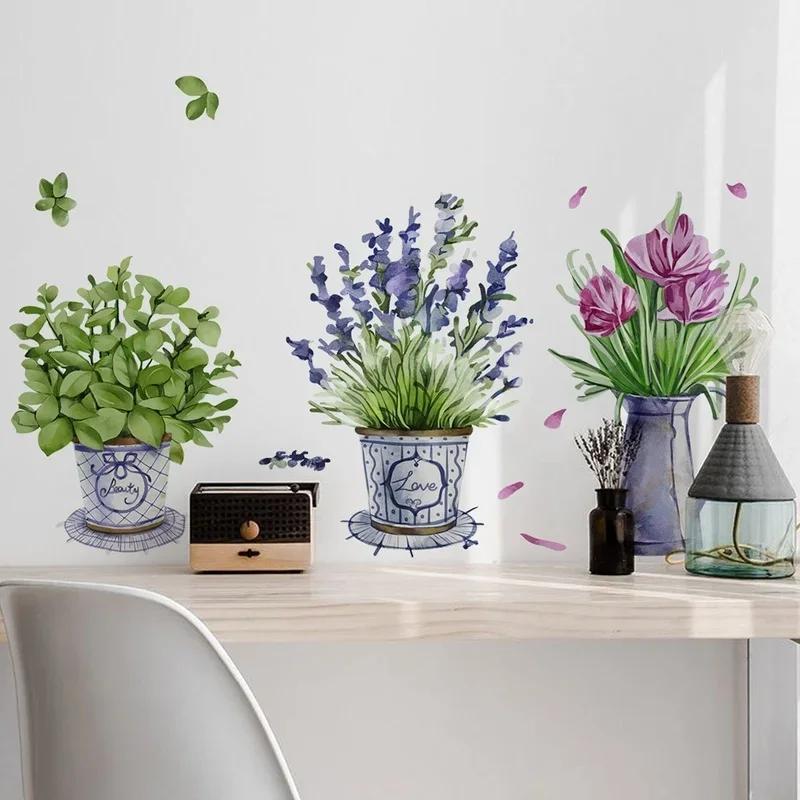 3pcs Watercolor Flower Pots Wall Sticker for Kitchen Home Garden Decor Furniture Decoration Living Room Accessories Posters