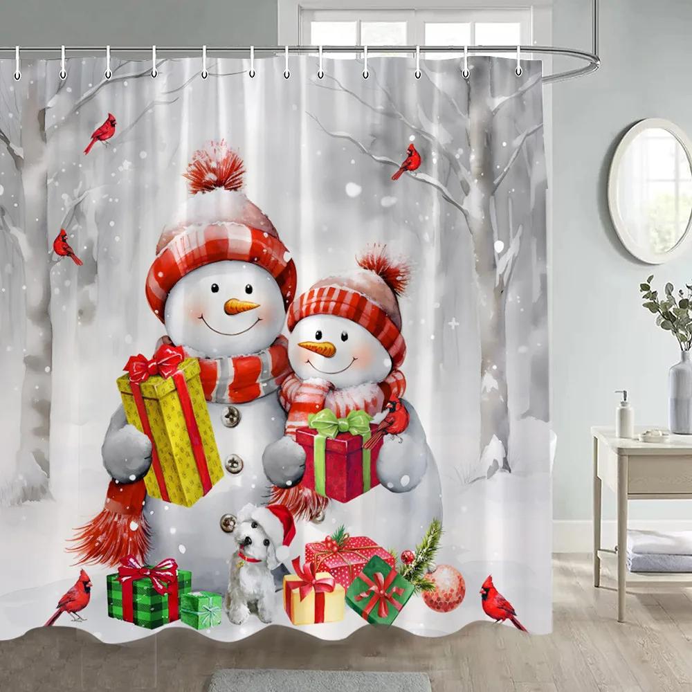 

Рождественский Снеговик Душевая Занавеска Зимний Лес Красные Ягоды Птицы Снежная Сцена Рождественские Шторы Для Ванной Ткани Настенный Декор Для Ванной Комнаты 90x180cm-35x70in