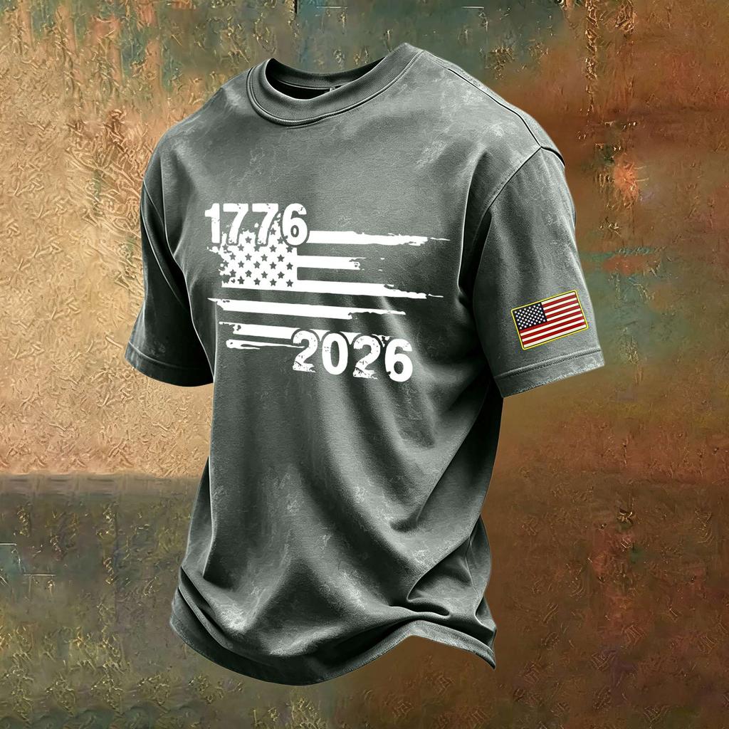 Men's Vintage Washed Crew Neck Short Sleeve T Shirt Independence Day Graphic Print Casual Fit Soft Fabric Comfortable Wear