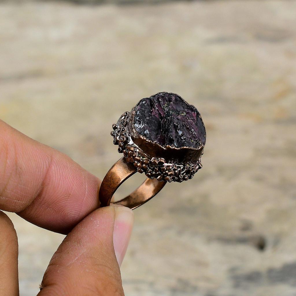 Pink Tourmaline Rough Ring Electroformed Copper Ring Adjustable Ring Handmade Jewelry Gemstone Rings Electroformed Jewelry Engagement Rings