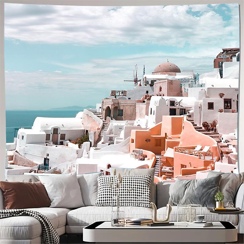 Greek Landscape Tapestry Wall Hanging Mediterranean Sea View Home Decor Room Aesthetic Wall Art Coastal Vibes Decor 100X70CM